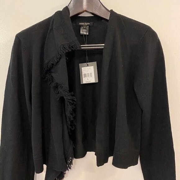 NEW Nanette Lepore Women's Fringey Sweater Shrug Black Merino Wool Large - Picture 3 of 6